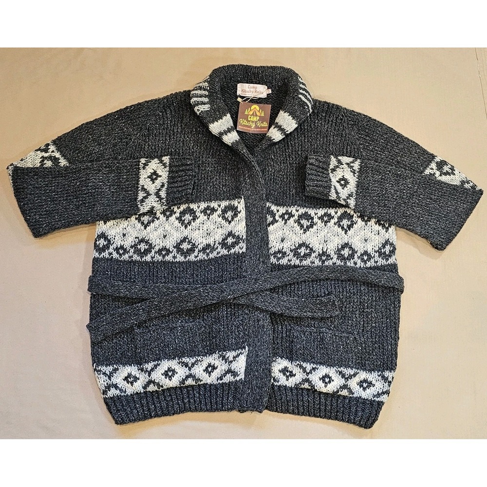 Camp Kitschy Knit‎ Gray Chunky Wool Open Front Belt Starsky Cardigan Size 52 NWT